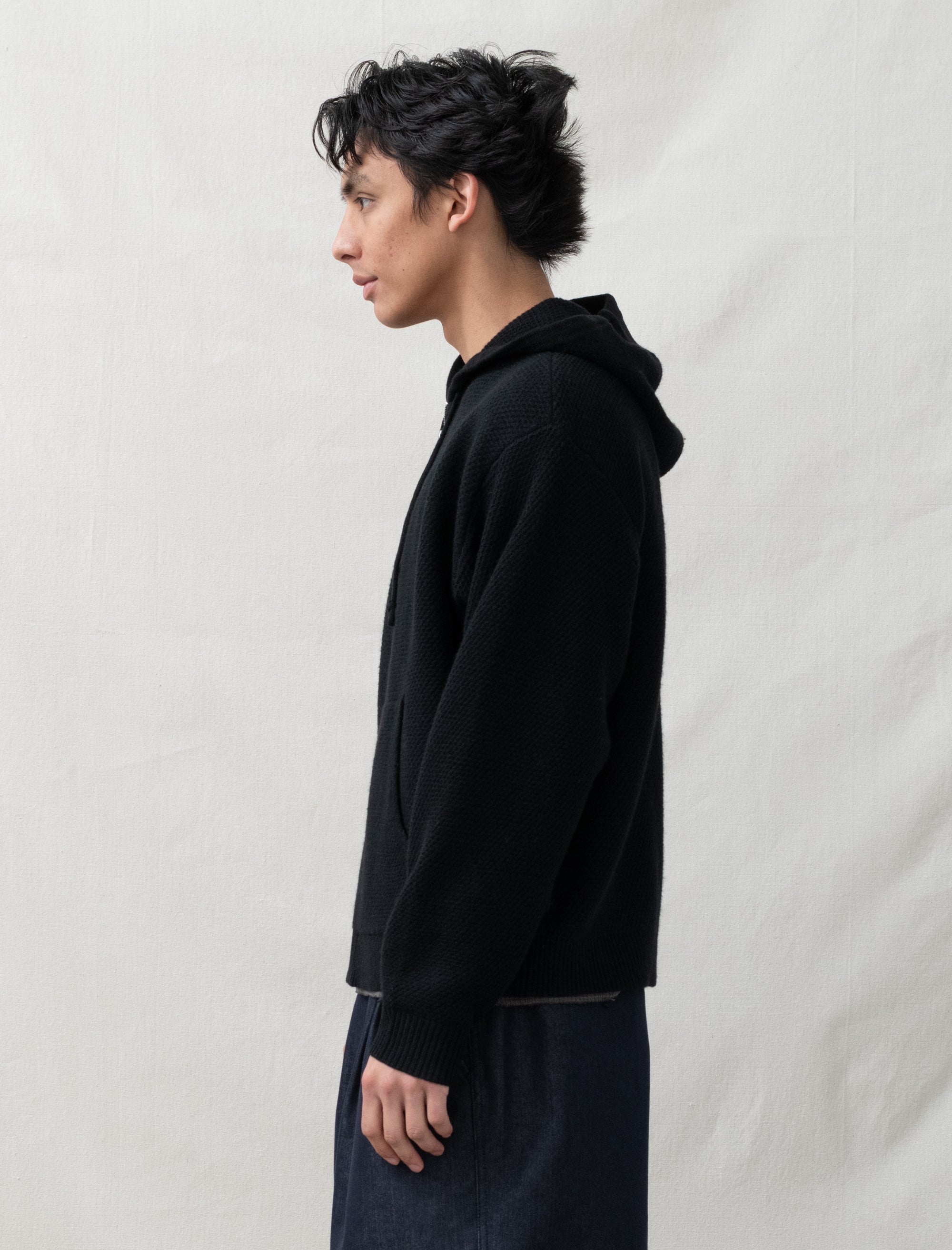 Textured Zip Hooded Sweater (Black) - Image 3