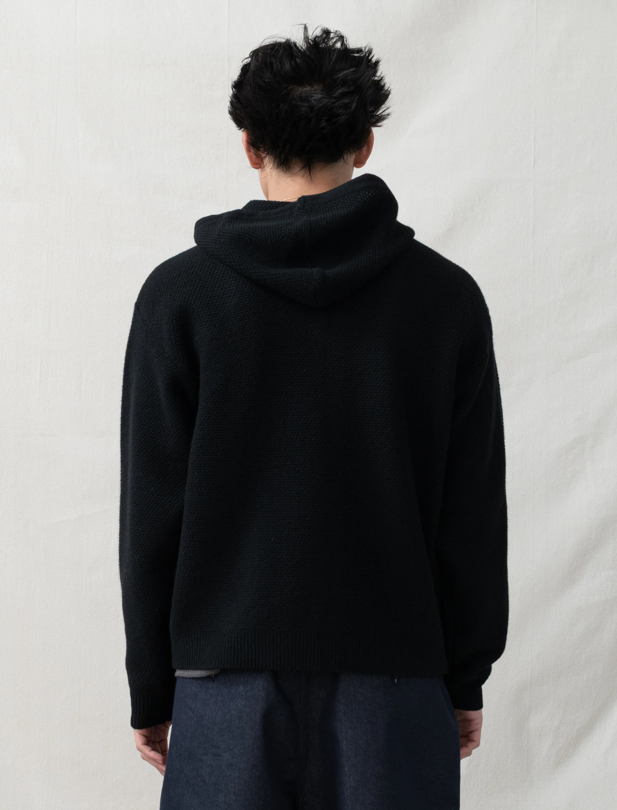 Textured Zip Hooded Sweater (Black) - Image 4